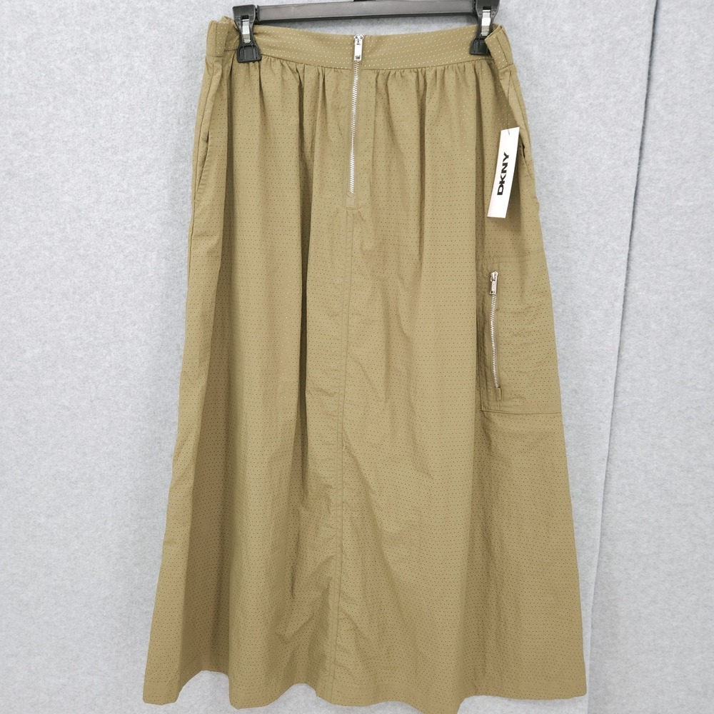 DKNY Perforated Zip Front‎ Midi Olive Zip Eyelet Skirt Womens Size M NWT